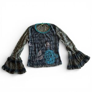 Insane Save The Queen Long Sleeve Mesh Top Floral Print and Birds Fairy Y2K